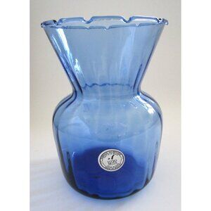 Vitro Mosa Mexican Hand Blown Navy Blue Art Glass Vase - Etched Rim - Vintage